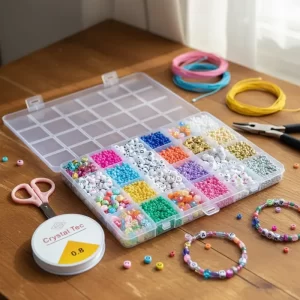 Kit creativo de mostacillas para armar pulseras y collares. Ideal para niños desde 6 años. Estimula la creatividad y la motricidad fina. Regalo perfecto.