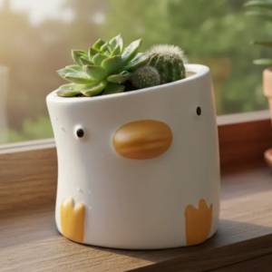 Mini maceta de cerámica con diseño de patito, ideal para suculentas y tunitas. Con drenaje, duradera y muy adorable.