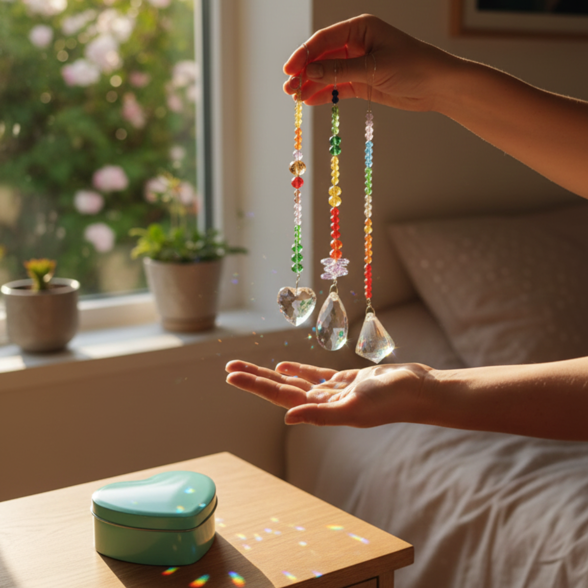 Set de Atrapasoles Cristal Multicolor – Mágico y Brillante, con Caja en Forma de Corazón