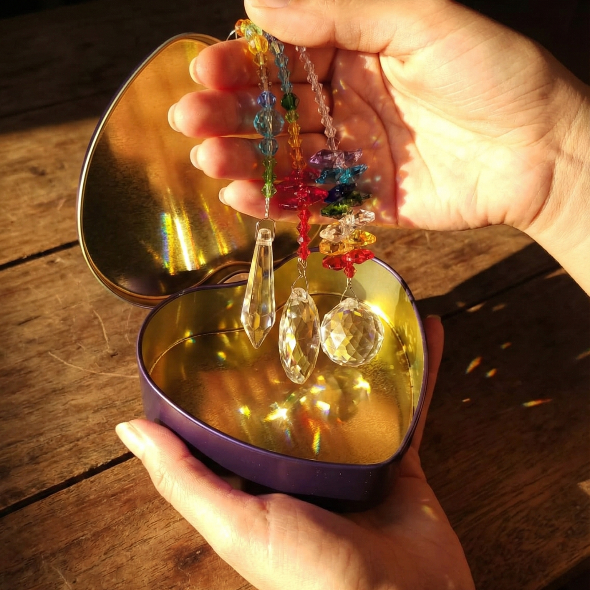 Atrapasoles multicolor en cristal para activar la energía positiva del hogar según el Feng Shui. Dos diseños disponibles y caja metálica en forma de corazón. Perfecto para regalo.