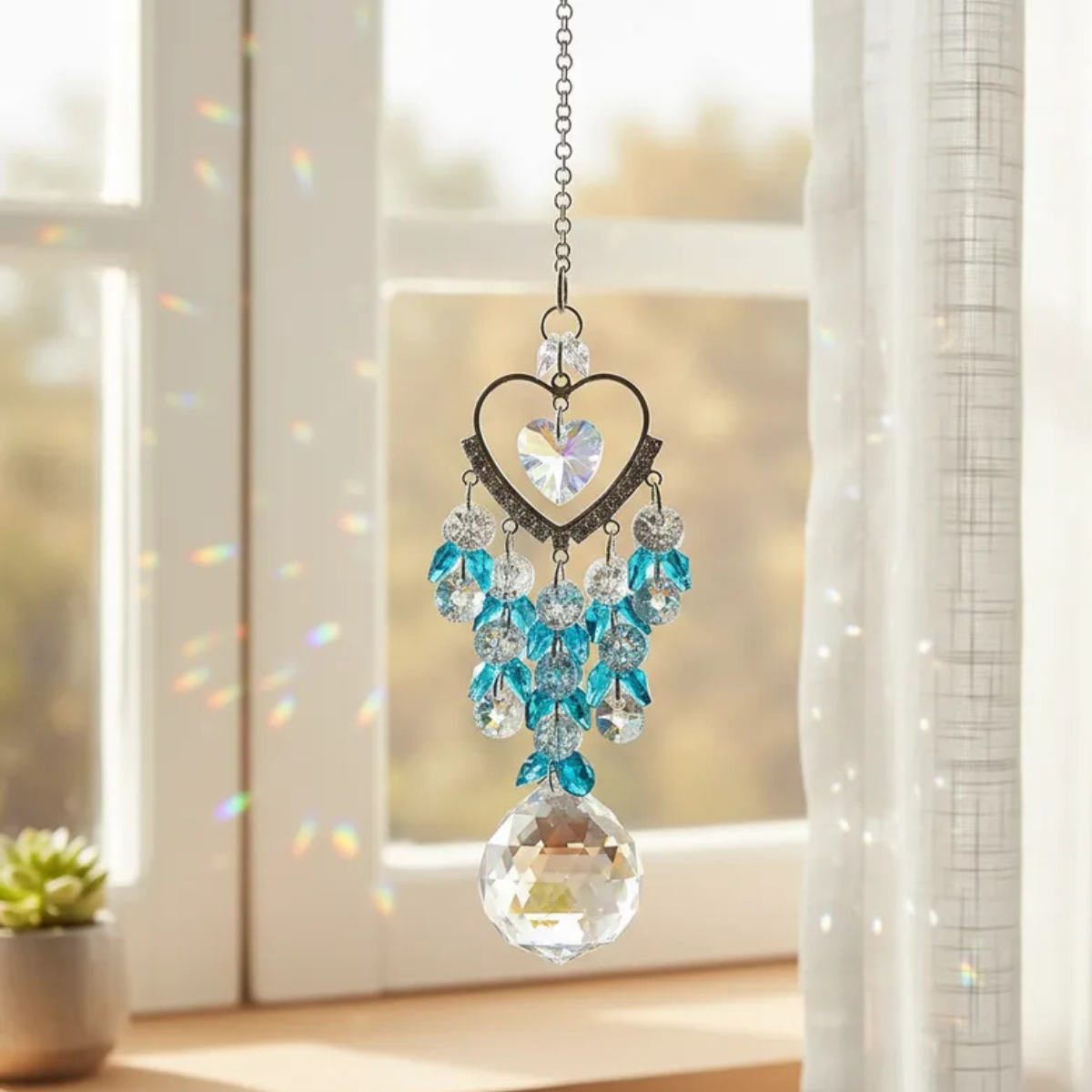 Atrapasol Corazón Celeste Colgante Decorativo con Cristales y Prisma 30 cm - Imagen 3